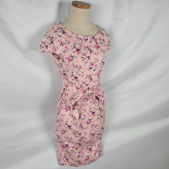 Rummies Dress Women's 6 Pink Floral Mini Short Cap Sleeve Tie Round Neck Zipper - Picture 14 of 16